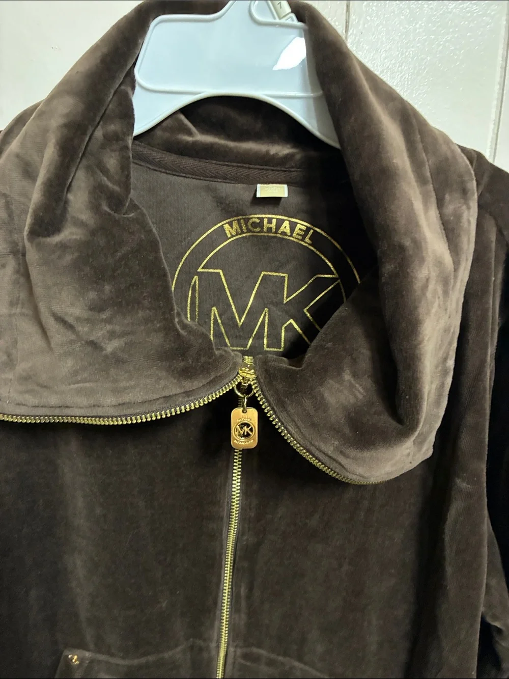 Michael Kors Brown Velour Zip-Up Bomber Jacket with Gold Hardware